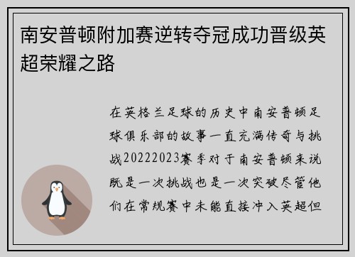 南安普顿附加赛逆转夺冠成功晋级英超荣耀之路